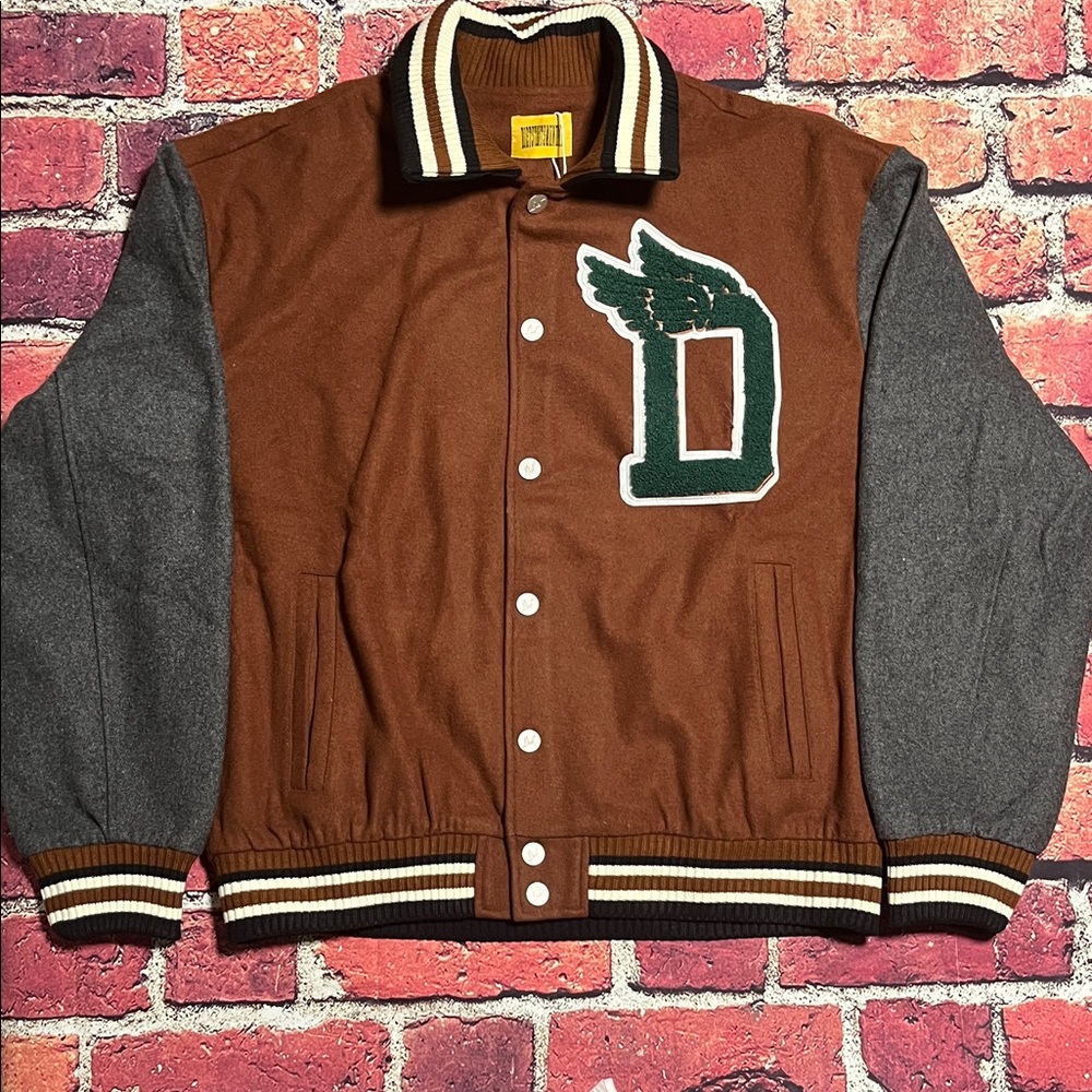 Brown and Gray Varsity Jacket with Winged Logo